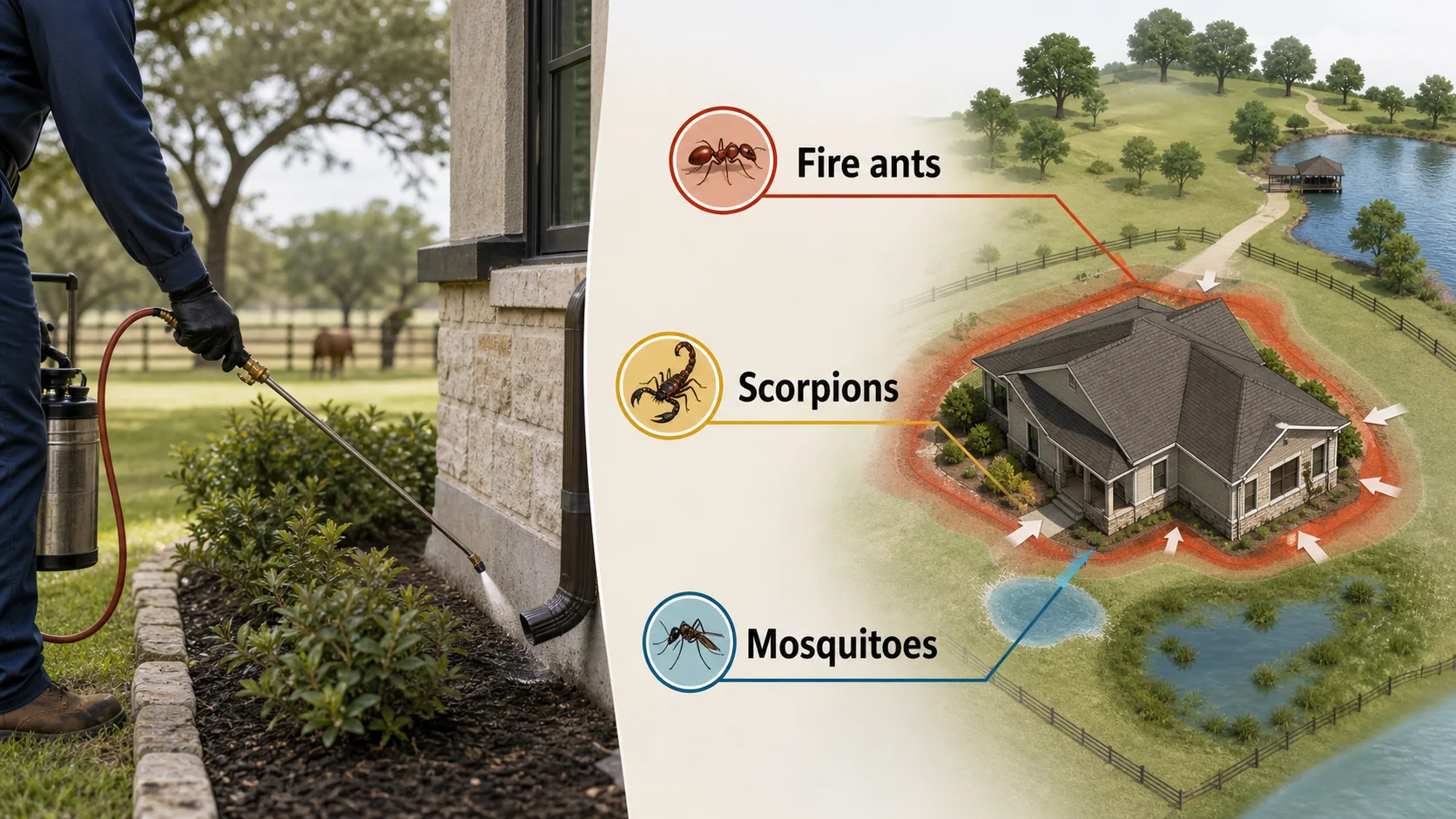 Educational diagram for pest control pecan plantation showing Fire ants, Scorpions, Mosquitoes
